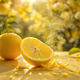 A close-up of a sliced bergamot fruit, revealing juicy flesh and a textured rind under golden sunlight. A blurred citrus grove background evokes vibrant elegance.