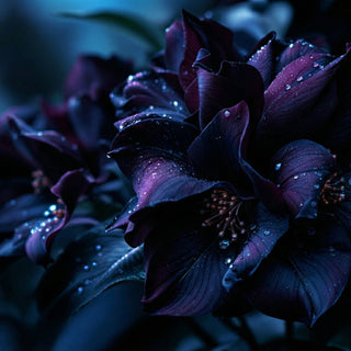 A close-up of black jasmine blossoms, deep midnight-purple velvety petals glistening with dew under dramatic moonlight. A blurred nocturnal garden background evokes seductive, mysterious floral intensity.