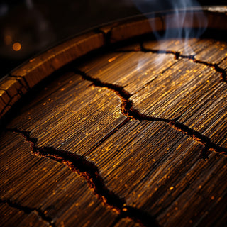 A close-up of charred bourbon cask oak interior, deep espresso-brown with alligator cracks and glossy resin, under warm amber light. Evokes rich, smoky vanilla-caramel warmth.