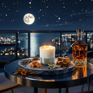 Cascading Moonlight Twilight Reverie luxury candle lit under full moon on rooftop terrace with bourbon vanilla, caramel, sage and starry city skyline