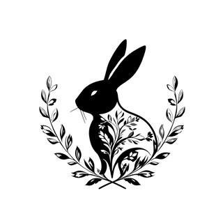 Black-and-white icon of a rabbit and laurel leaf on a transparent background, symbolizing cruelty-free and vegan candle production.