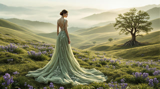 Woman in a long, light green dress standing in a scenic landscape with rolling hills and a tree.