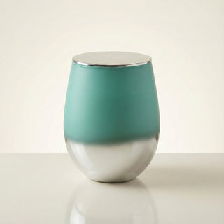 Earth’s Embrace Feng Shui earth element luxury candle in turquoise-to-silver ombré glass with polished silver lid