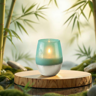 Earth’s Embrace Feng Shui earth element luxury candle lit in serene bamboo garden with moss, water and natural wood pedestal