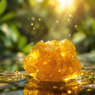 A hyperrealistic close-up of a golden-yellow chunk of elemi resin with a glossy, sticky surface, illuminated by soft afternoon sunlight, showing crystalline patterns and glistening droplets. The background is a blurred tropical forest with lush greenery, evoking a serene, spa-like atmosphere for a candle fragrance note.