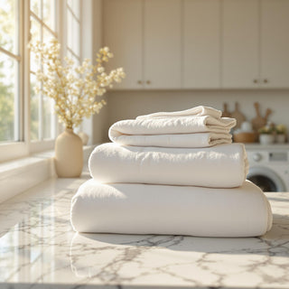 A hyperrealistic wide-angle view of neatly folded white linen sheets and towels on a glossy white marble countertop with gray veining, illuminated by golden sunlight from a window in a bright laundry room. The background is a blurred view of white cabinets and a washing machine, suggesting a serene, spa-like setting for a candle fragrance note.