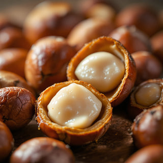 A close-up of cracked and whole roasted hazelnuts, creamy ivory interior and rich brown shells glistening under warm amber light. Evokes nutty, comforting gourmand warmth.