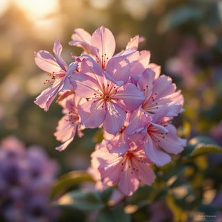 A close-up of heliotrope flowers, lavender petals glowing under golden dusk light. A blurred cottage garden background evokes powdery, almond-like sweetness.