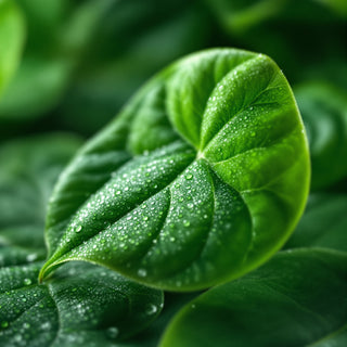 A close-up of a single glossy jade leaf, thick and succulent with dew droplets, under soft cool light. Gleaming green surface evokes serene, fresh tranquility.