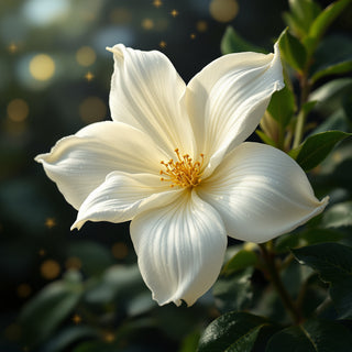 A close-up of a blooming jasmine flower, creamy white petals dewy under soft moonlight. A blurred moonlit garden background evokes opulent, sensual floral elegance.