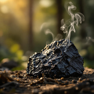 A hyperrealistic close-up of a dark, glossy chunk of juniperus wood tar with crystalline patterns, illuminated by soft sunlight through a forest haze, with faint wisps of smoke rising from its sticky surface. The background is a blurred woodland clearing, evoking an earthy, spa-like atmosphere for a candle fragrance note.