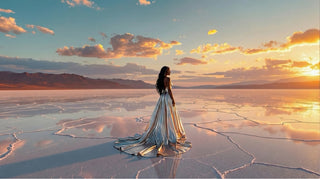 Woman in a long dress standing on a salt flat at sunset
