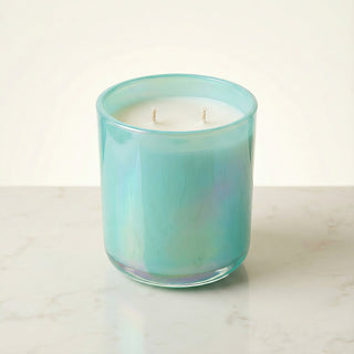 Shimmering Sea – Staycation ocean-inspired premium coconut apricot wax candle in radiant iridescent turquoise glass vessel