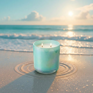 Shimmering Sea – Staycation ocean-inspired premium coconut apricot wax candle lit with dual flames, glowing in iridescent turquoise glass vessel on sandy beach with gentle waves & golden sunset sky, perfect coastal escape ambiance