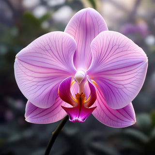 A close-up of a blooming lavender-pink orchid flower, velvety petals dewy under soft moonlight. A blurred tropical conservatory background evokes exotic, sensual elegance.
