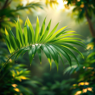 A close-up of a vibrant green palm leaf with dewdrops, softly lit by golden light, against a blurred jungle background with layered greenery.