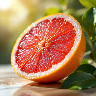 A close-up of a sliced pamplemousse grapefruit, vibrant pink-red flesh glistening with juice under cool sunlight. A blurred citrus grove background evokes sparkling, zesty freshness.