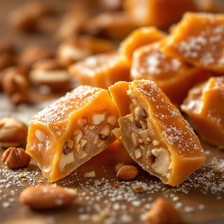 A close-up of cracked praline confection, golden-amber caramel shards studded with roasted hazelnuts and almonds, glistening under warm amber light. Evokes decadent, nutty gourmand sweetness.