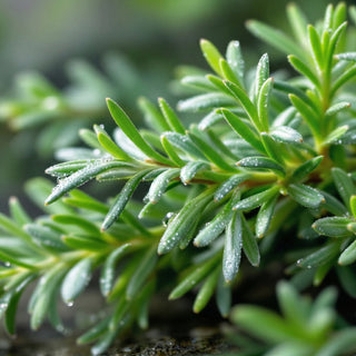 A close-up of fresh rosemary sprigs, silvery-green needles with dew droplets under soft natural light. Evokes crisp, herbaceous-woody vitality and invigorating freshness.