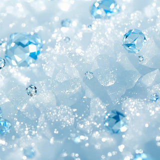 A close-up of glistening saltwater droplets on sparkling sea salt crystals under bright coastal sunlight. Evokes crisp, pure oceanic freshness and mineral serenity.