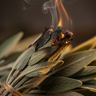 A close-up of a smoldering sage smudge bundle, silvery-green leaves with rising smoke and faint ember glow under warm firelight. Evokes grounding, herbaceous mystique.