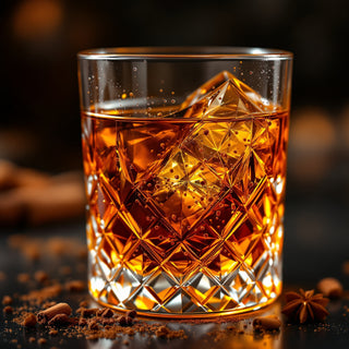 A close-up of dark amber spiced rum droplets on charred oak barrel wood, with cinnamon flecks, clove, nutmeg, and vanilla specks glistening under warm lantern light. Evokes rich, fiery gourmand warmth.