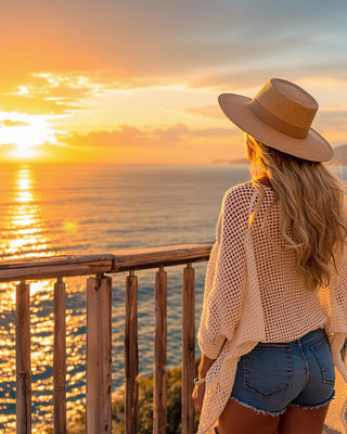 Woman in a hat and sunglasses standing on a wooden deck overlooking the ocean at sunset.