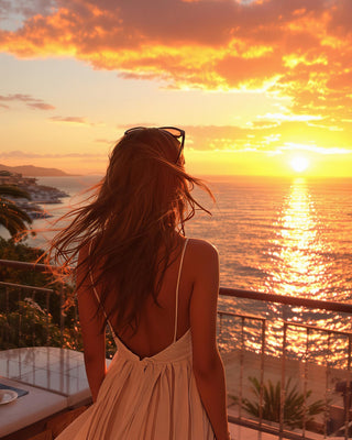 Woman standing on a balcony overlooking the ocean at sunset.