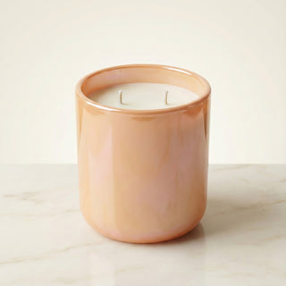 Sun-Kissed Glow – Staycation sunset-inspired premium coconut apricot wax candle in radiant iridescent peach glass vessel