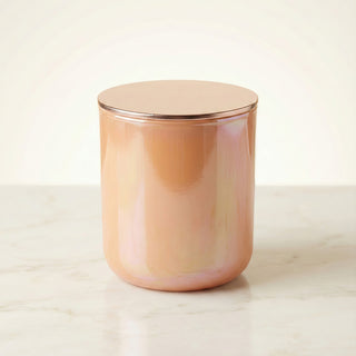 Sun-Kissed Glow – Staycation sunset-inspired premium coconut apricot wax candle in radiant iridescent peach glass vessel topped with elegant rose gold lid