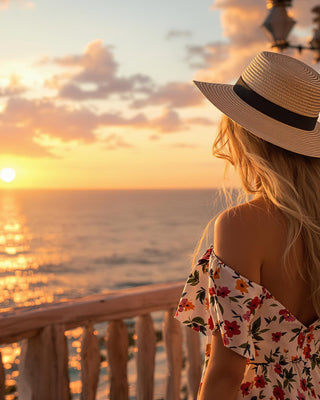 Woman in a floral dress and sun hat enjoying a sunset over the ocean.