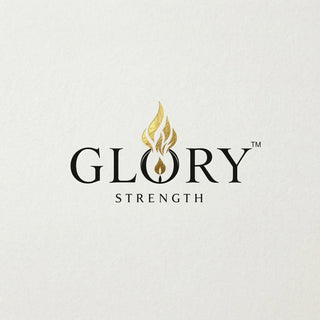 Logo with the word 'GLORY STRENGTH' and a flame design on a white background