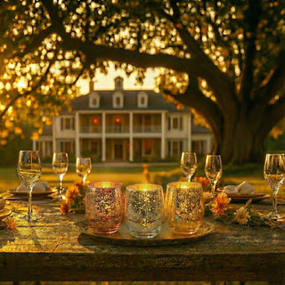 Dining table set with Legacy Collection flagship candles in front of a large house at dusk.