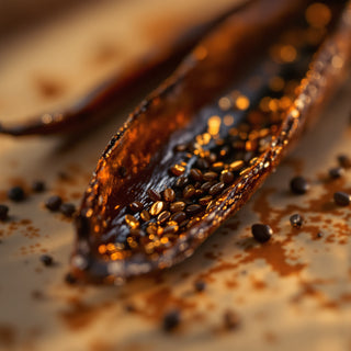 A close-up of a split toasted vanilla pod, deep mahogany-brown with glossy sheen and creamy black-seeded interior, glowing under warm amber light. Evokes rich, caramelized indulgence.