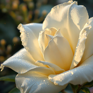 A close-up of a tuberose blossom, creamy white petals dewy under tropical moonlight. A blurred evening garden background evokes lush, floral richness.