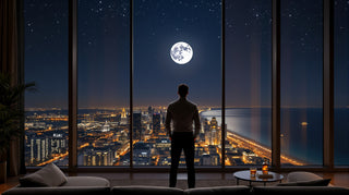 Man standing in front of a large window with a cityscape view at night, looking at the moon.