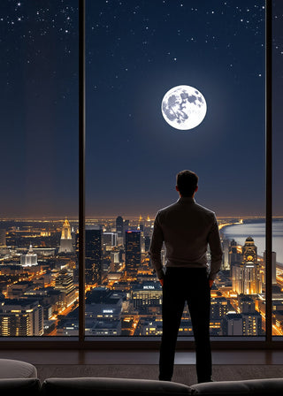 Man standing in front of a large window with a cityscape view at night, looking at the moon.