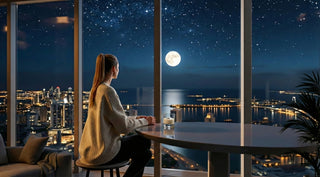 Woman sitting at a table by a large window, looking out at a night sky with stars and a full moon.