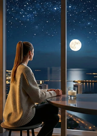 Woman sitting at a table by a large window, looking out at a night sky with stars and a full moon.