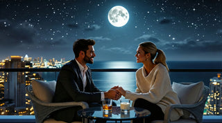 Couple sitting on a rooftop at night with a full moon and city skyline in the background.