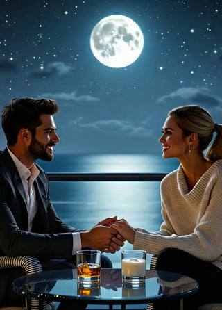 Couple sitting on a rooftop at night with a full moon and city skyline in the background.