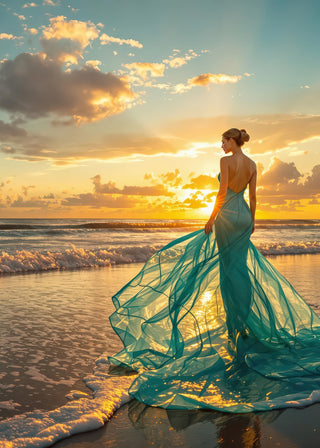 Woman in a flowing dress standing on a beach at sunset