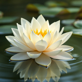A close-up of a blooming water lily flower, creamy-white petals with golden center, dewy under soft natural light. A blurred pond background evokes pure aquatic-floral serenity.