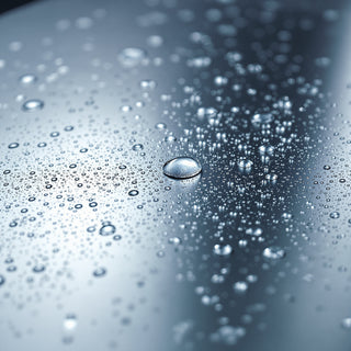 A close-up of polished wet steel, beaded with rain droplets and reflecting silver-blue light. Gleaming surface evokes crisp, metallic coolness.