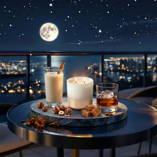 Wistful Starlight Twilight Reverie luxury candle lit under starry night sky with rum horchata notes, vanilla, caramel, hazelnut and city lights backdrop