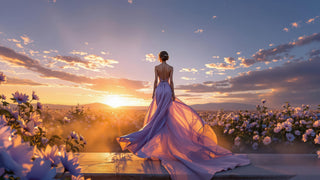 Woman in a pink dress standing on a wooden platform with a sunset and floral background
