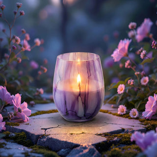 Enigmatic Bloom Feng Shui wood element luxury candle lit at twilight among blooming moonflowers in enchanted garden