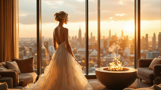 Woman in a wedding dress standing by a large window with a cityscape view during sunset.