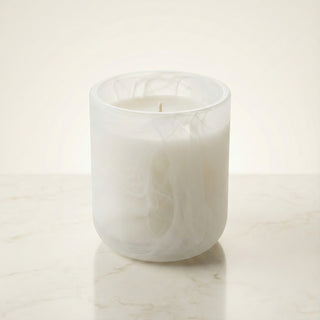Yang – Light Shadow premium coconut apricot wax candle in sophisticated white and gray marbled artisan glass vessel