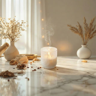 Yang – Light Shadow premium coconut apricot wax candle lit with warm soft glow in elegant white marbled frosted glass vessel, styled on marble surface with dried florals and golden accents